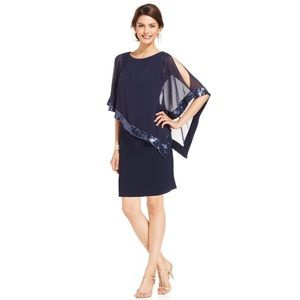 Xscape Sequin-Trim Capelet Dress Navy 4P